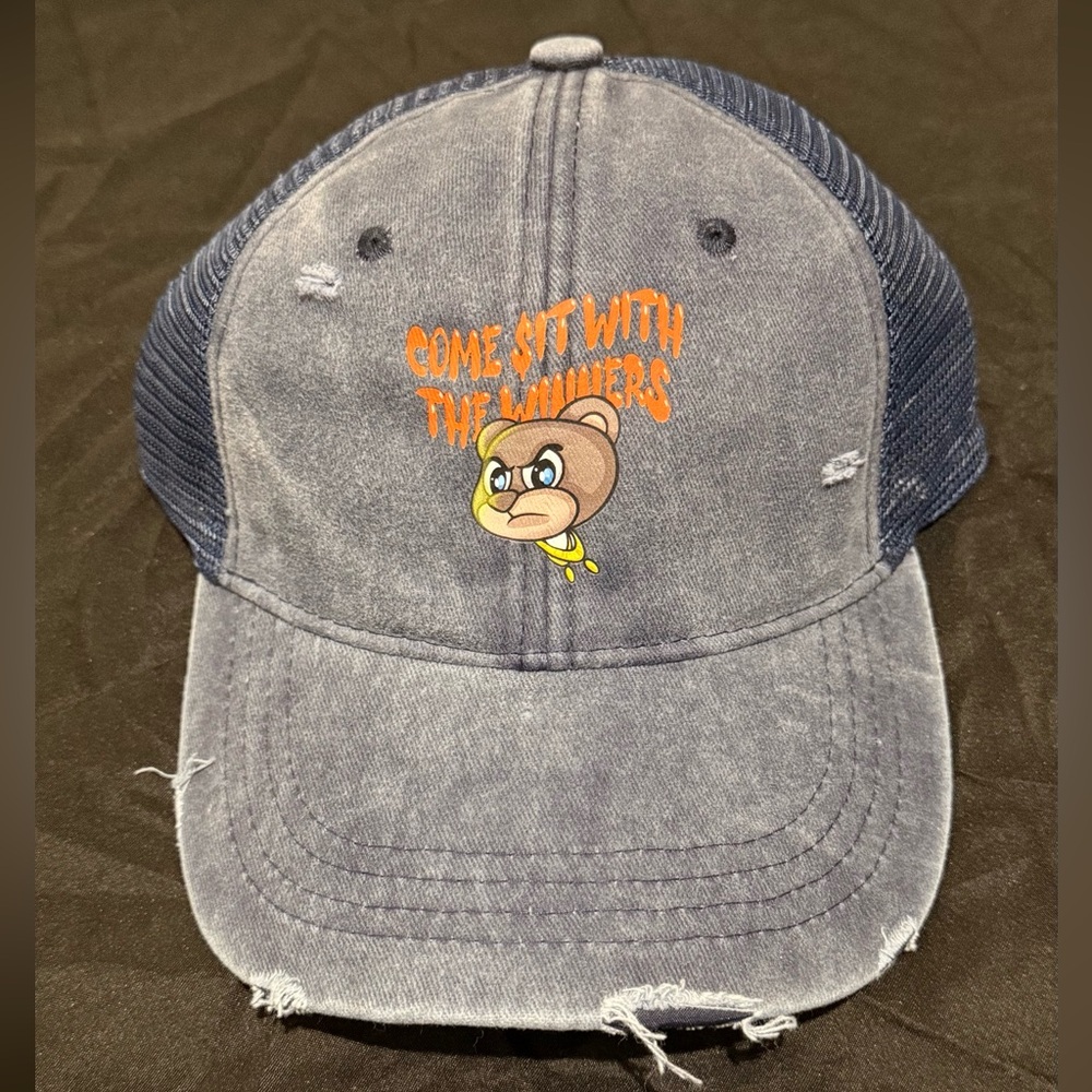 Navy Distressed Cap with stylish bear with orange graphic logo design.